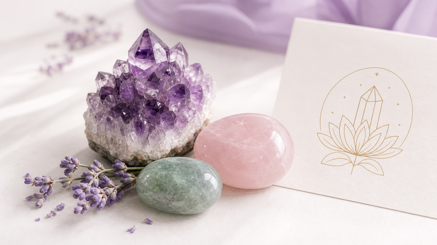 Amethyst, rose quartz, aventurine and a crystal formula card