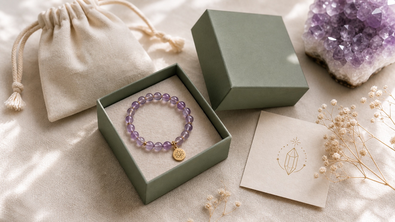 PietraSoul sage green jewelry box with amethyst bracelet